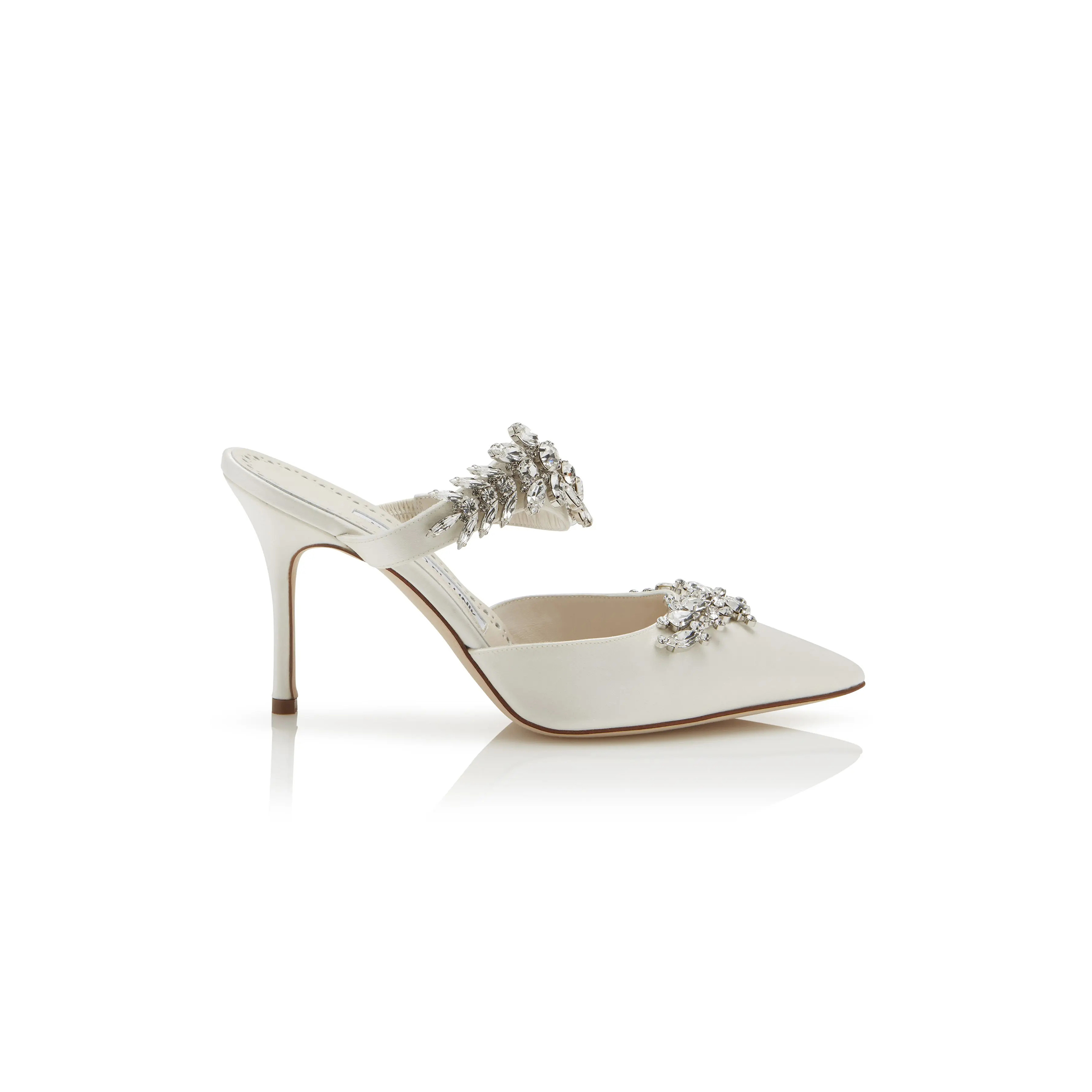 MANOLO BLAHNIK LURUMUS OFF-WHITE SATIN CRYSTAL EMBELLISHED MULES 9XX-0362-0049
